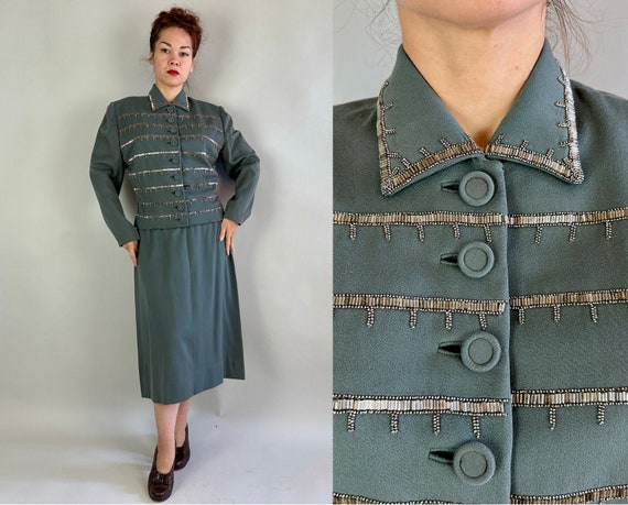 1940s Fabulous "FAB" Evening Suit | Vintage 40s Sage Green Wool Two Piece Jacket Blazer & Skirt Cocktail Set w/Silver Beads | Extra Large XL
