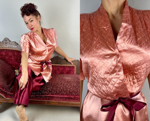 1940s Cuddle Up in Quilt Lounge Set | Vintage 40s Pink + Red Rayon Satin Peplum Lounging Jacket Top Belt & Pants w/Quilted Accents | Small