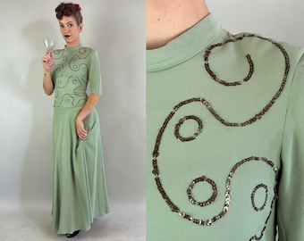 1940s Seafoam Swirls Evening Gown | Vintage 40s Green Rayon Crepe Full Length Dress with Sequin Design Bow & Covered Buttons| Extra Small XS