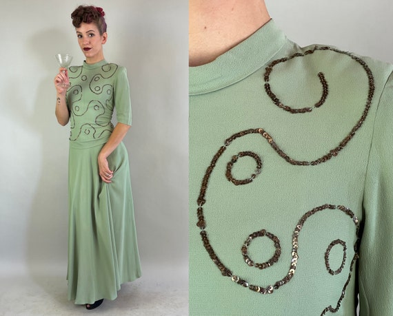 1940s Seafoam Swirls Evening Gown | Vintage 40s Green Rayon Crepe Full Length Dress with Sequin Design Bow & Covered Buttons| Extra Small XS