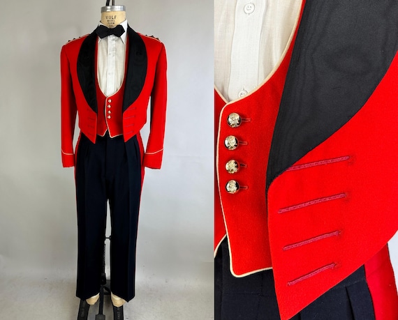 1950s Regimental Reginald Mess Dress Uniform | Vintage 50s Black + Red Wool Silk Ceremonial Jacket Vest & Trousers Suit Set | Size 38 Medium