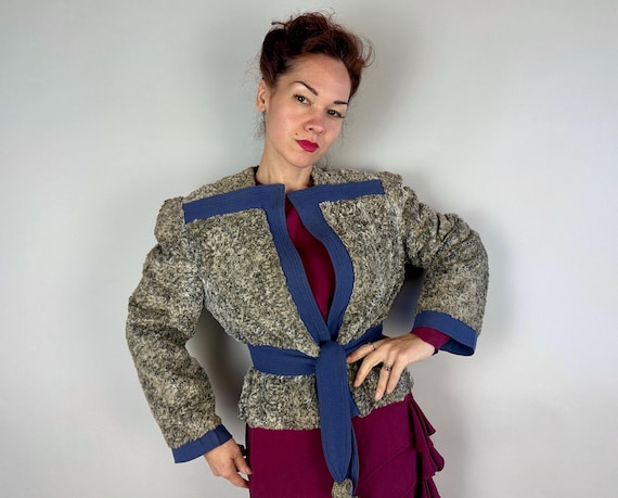 1930s Fuzzy Wuzzy Fall Jacket | Vintage 30s Grey Faux Chinchilla Fur Light Short Coat with Blue Wool Accents and Pom Pom Sash | Medium Large