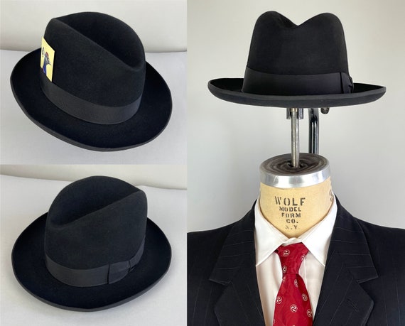 1940s Handsome Homburg Hat | Vintage 40s Noir Black Fur Felt Mens Fedora with Black Grosgrain Ribbon Band | Size 7&1/8 Medium