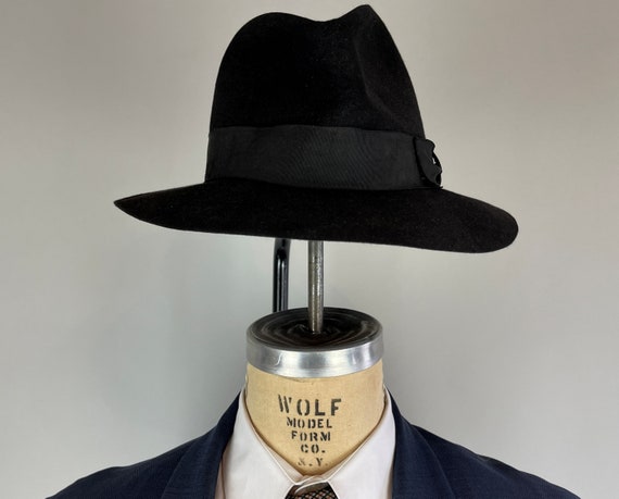 1940s Black on Black Fedora Vintage 40s Jet Wool Felt Hat With  