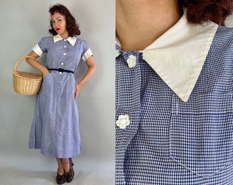 1930s Darling Dorothy Dress | Vintage 30s Cobalt Blue and White Cotton Gingham Day Frock with Puff Sleeves and Flower Buttons | Medium/Large