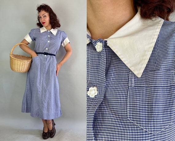 1930s Darling Dorothy Dress | Vintage 30s Cobalt Blue and White Cotton Gingham Day Frock with Puff Sleeves and Flower Buttons | Medium/Large