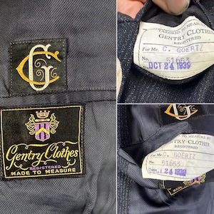 May include: A black garment lining featuring a gold embroidered Gentry Clothes logo with a crest and a white label reading Tailored to Measure Gentry Clothes Registered for Mr. C. Goertz, No. 51653, dated Oct 24 1939, stitched into the interior fabric.
