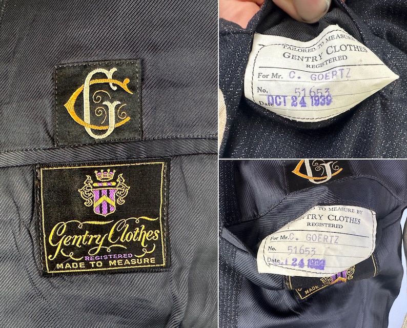 May include: A black garment lining featuring a gold embroidered Gentry Clothes logo with a crest and a white label reading Tailored to Measure Gentry Clothes Registered for Mr. C. Goertz, No. 51653, dated Oct 24 1939, stitched into the interior fabric.