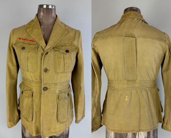 1930s BSA Scoutmaster Belted Jacket | Vintage 30s Sand Dune Beige Cotton Denim Boy Scouts Official Coat with Pleat Accents | Small/Medium