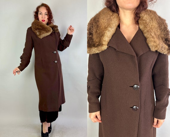 1930s Chocolate Cherub Coat | Vintage 30s Brown Wool Overcoat with Asymmetric Mouton Collar Deco Button and Pleat Accents | Medium