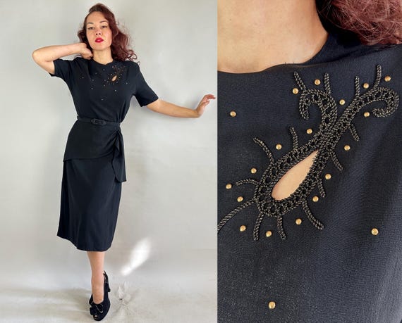 1940s Starlit Studs Dress | Vintage 40s Black Rayon Crepe LBD Studded in Gold with Soutache Trim Cutout & Hip Swag | Extra Large XL