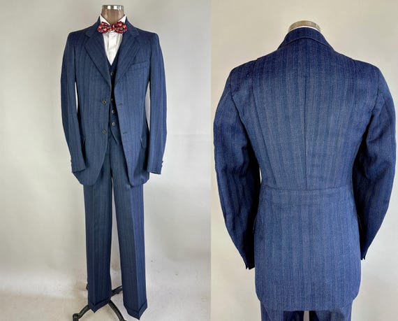 1930s Three-Piece Belt-Back Suit | Vintage 30s Blue Wool Flecked Fancy Knife Pleated & Belted Back Set Dated 1938! | Size 36/38 Small/Medium