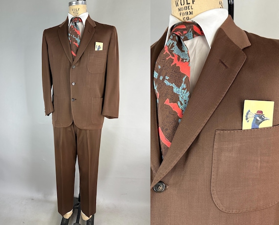 1950s Natural in Neutral Suit | Vintage 50s Two Piece Kangaroo Brown Wool Gabardine Jacket and Trousers with Top Stitching | Size 40 Medium