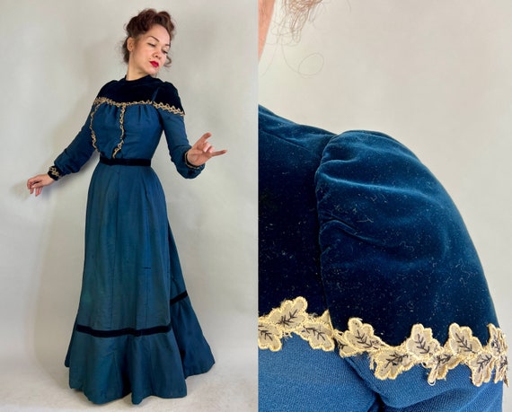 1900s Blessed in Blue Ensemble | Vintage Antique Edwardian Wool Twill with Velvet Accents & Ecru Trim Bodice and Skirt Dress Set | Small XS