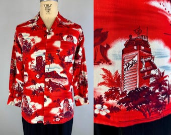 1950s Hot Lava Hawaiian Shirt | Vintage 50s Red and White Tiki Long Sleeve Cotton Button Up w/Palm Trees Boats and Hawaii Hotel | Small