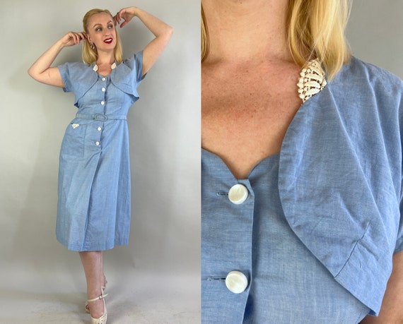 1940s Sunshine Sky Dress Set | Vintage 40s Light Blue Chambray Cotton Sun Frock 3-Piece Ensemble w/Bolero and Self Belt  | Large/Extra Large