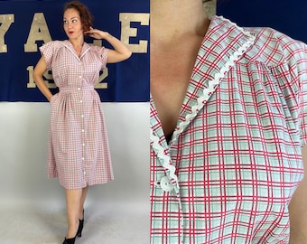 1930s Olive's Outing Frock | Vintage 30s Red White and Green Plaid Cotton Button Up Shirtwaist Dress with Ric Rac Trim and Pocket! | Large