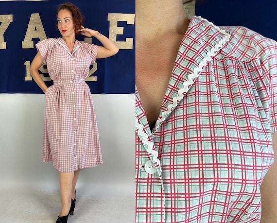 1930s Olive's Outing Frock | Vintage 30s Red White and Green Plaid Cotton Button Up Shirtwaist Dress with Ric Rac Trim and Pocket! | Large