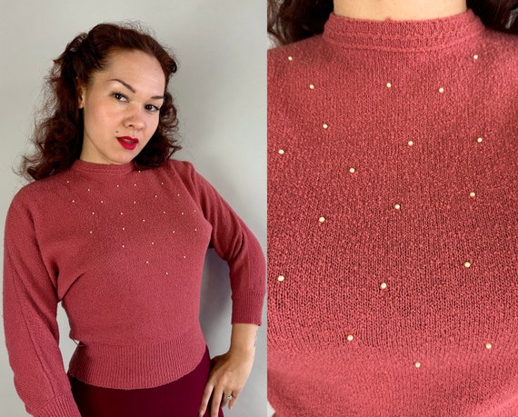 1950s Sweet Sweater Girl Blouse | Vintage 50s Mauve Pink Wool Chenille Knit Shirt with Pearl Beads & Dolman Sleeves | Small Medium Large XL