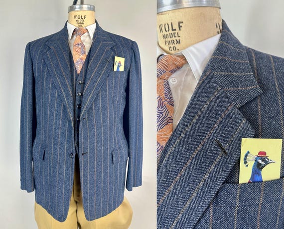 1940s Simon's Swell Set | Vintage 40s Mottled Blue Tweed w/Red and Yellow Chalk Stripes Wool 2-Piece Jacket & Vest | Size 40/42 Medium/Large