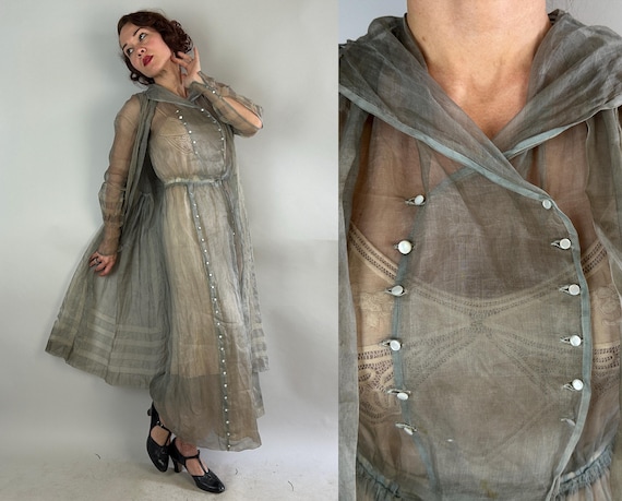 1910s Lithe Lady in Light Dress | Vintage Teens Antique Dove Grey Sheer Organza Attached Redingote Tea Gown with Net Stripes | Small