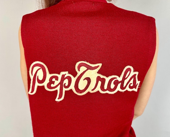 1940s Prepped for Pep Sweater Vest | Vintage 40s Red Wool Knit Sleeveless Pullover with Collegiate Patches "FP" & "Pep Trols" | Large XL