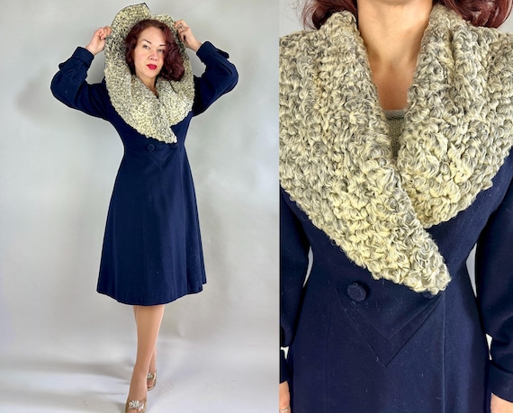 1930s Starlet Starlight Coat | Vintage 30s Navy Blue Wool Princess Coat with Balloon Sleeves & Silver Grey Curly Lamb Shawl Collar | Small