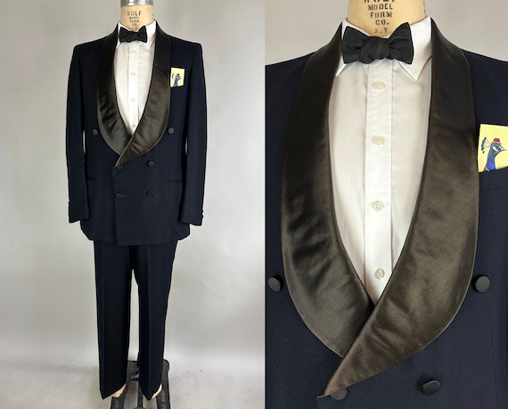 1940s Hollywood Harold Tuxedo | Vintage 40s Black Wool Two-Piece Tux Suit with Debonair Silk Shawl Lapels Dated 1949! | Size 38/40 Medium