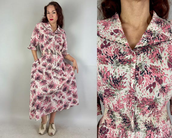 1940s Lovely Leaves Day Dress | Vintage 40s Zip Up Carnation Pink and Magenta Floral Cotton Seersucker Volup House Frock | Extra Large XL