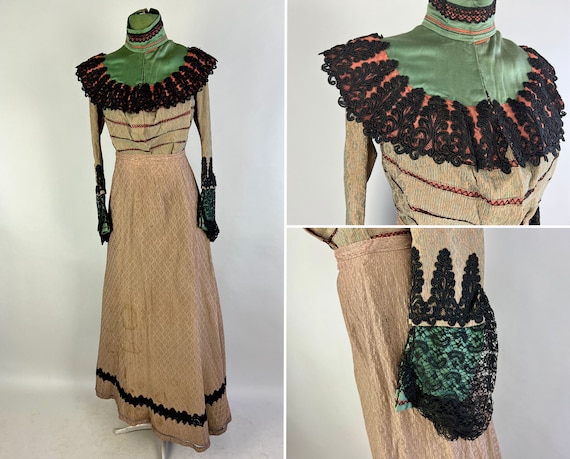 1800s Distinguished Delilah Dress Ensemble | Victorian Antique Sage and Taupe Silk Brocade w/Black Lace Bodice & Skirt Set | Extra Small XS