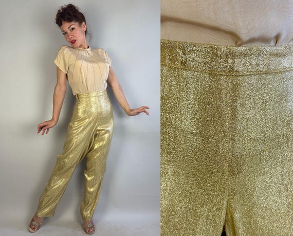 1950s The Midas Touch Cigarette Pants | Vintage 50s Metallic Gold Lurex Bad Girl High Waisted Trousers with Side Zipper | Extra Large XL