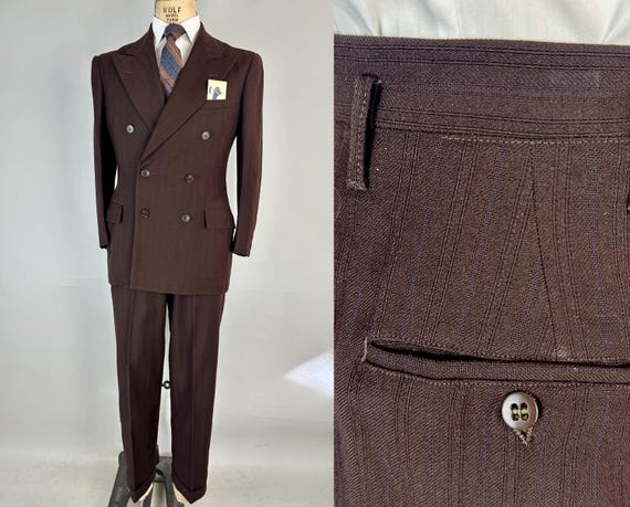 1940s Deliciously Dapper Suit | Vintage 40s Coffee Bean Brown Wool with Violet Stripes Peak Lapel Jacket & Trousers Set | Size 40 Medium
