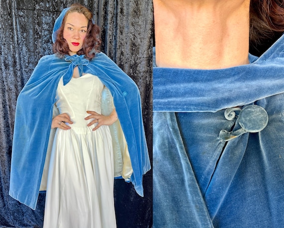 1930s Blue Blood Beauty Cape | Vintage 30s Dusty Azure Cotton Velveteen Opera Evening Cloak Wrap with Hood and White Satin Lining | One Size