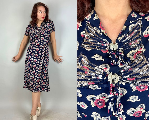 1930s Priscilla's Pansy Pleasantries Dress | Vintage 30s Navy Blue Rayon Crepe with Pink and White Flowers Peekaboo Bow Frock | Small Medium