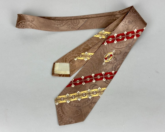 1940s Aristocratic Hepcat Necktie | Vintage 40s Icy lavender Modern Paisley and Jewel Cut Red Yellow and White Stripes Rayon Self Tie Cravat
