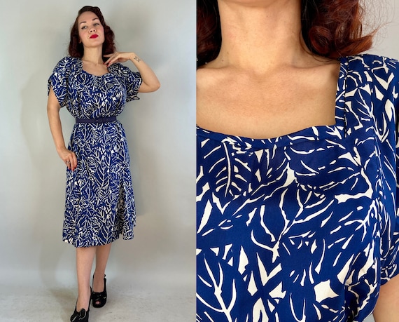 1940s Full of Fronds Frock | Vintage 40s Blue and White Big Leaf Print Silk Short Sleeve Day Dress with Square Neckline | Extra Large XL