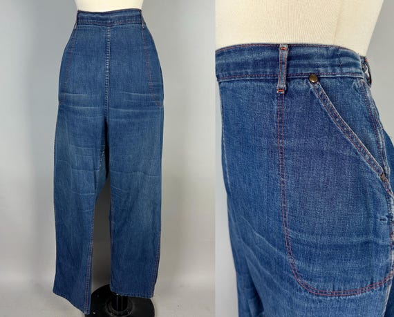 1950s Rugged Rebel Jeans | Vintage 50s Classic Blue Denim Dungarees with Orange Top Stitching Side Zipper and Double Snaps | Extra Large XL