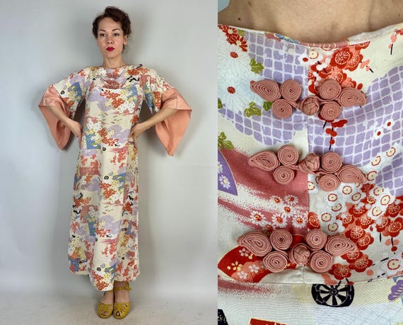 1950s Mass of Mums Pake Muu | Vintage 50s Japanese Floral Print Rayon Hawaiian Tiki Dress with Pink Trim and Decorative Frogs | Medium Large