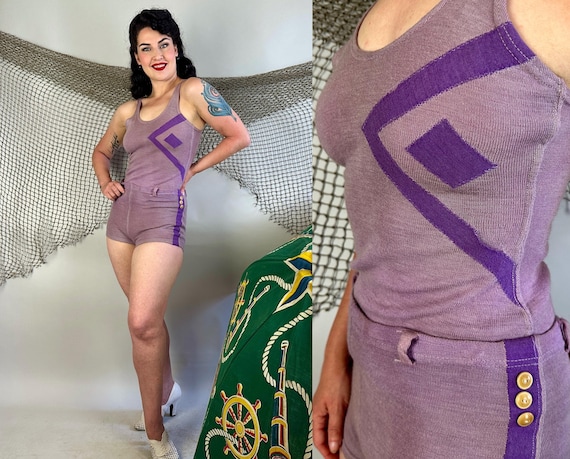 1930s Deco on the Deck Swimsuit | Vintage 30s Two Tone Purple 2-Piece Wool Tankini Bathing Suit w/Geometric Appliqués and Buttons | Medium