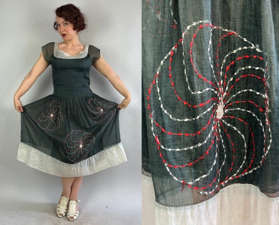 1920s Playful Pinwheel Frock | Vintage 20s Sheer Black and White Organdy Summer Dress with Red Radiating Dial Embroidery | Small Medium