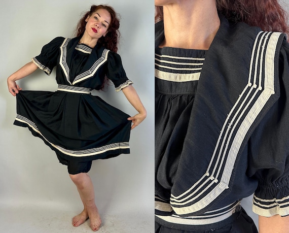 1900s Spiderweb Sailor Swimsuit Set | Vintage Antique Edwardian Black and White Wool Two-Piece Set with Romper and Skirt | Extra Small XS