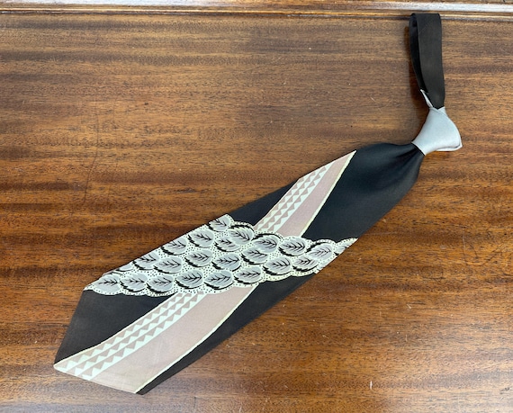 1940s Bertie Wears Birch Necktie | Vintage 40s Charcoal Silver Ivory and Mauve Rayon Self Tie Cravat with Leaves and Geometric Stripes