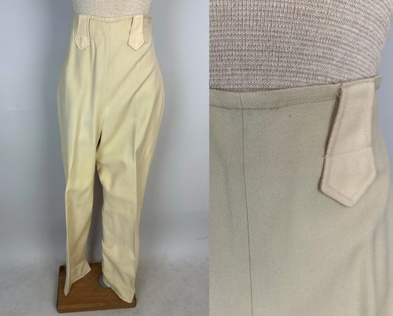 1950s Country Chantuese Trousers | Vintage 50s Ecru Beige Wool Twill Western Cowgirl High Waist Side Zip Slacks Pants | Extra Small XS