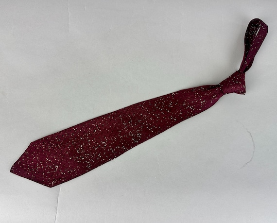 1920s Flecks and Specks Necktie | Vintage 20s Maroon Silk White Speckled Silk Self Tie Cravat with Tone on Tone Stripes and Squares Weave