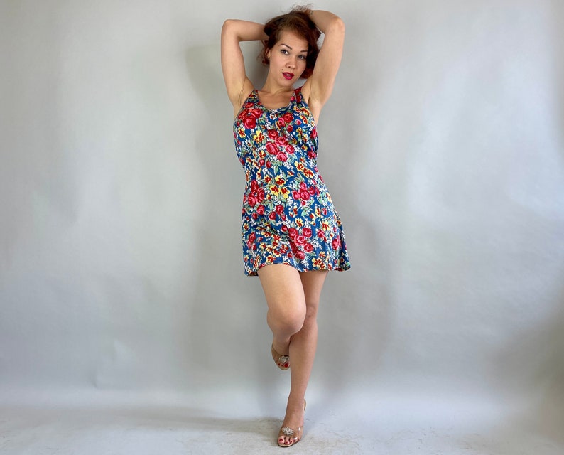 1930s Betty's Bouquet Romper Vintage 30s Bright Blue Yellow Red Pink Green Floral Roses Rayon Jersey Playsuit Large Extra Large XL image 5