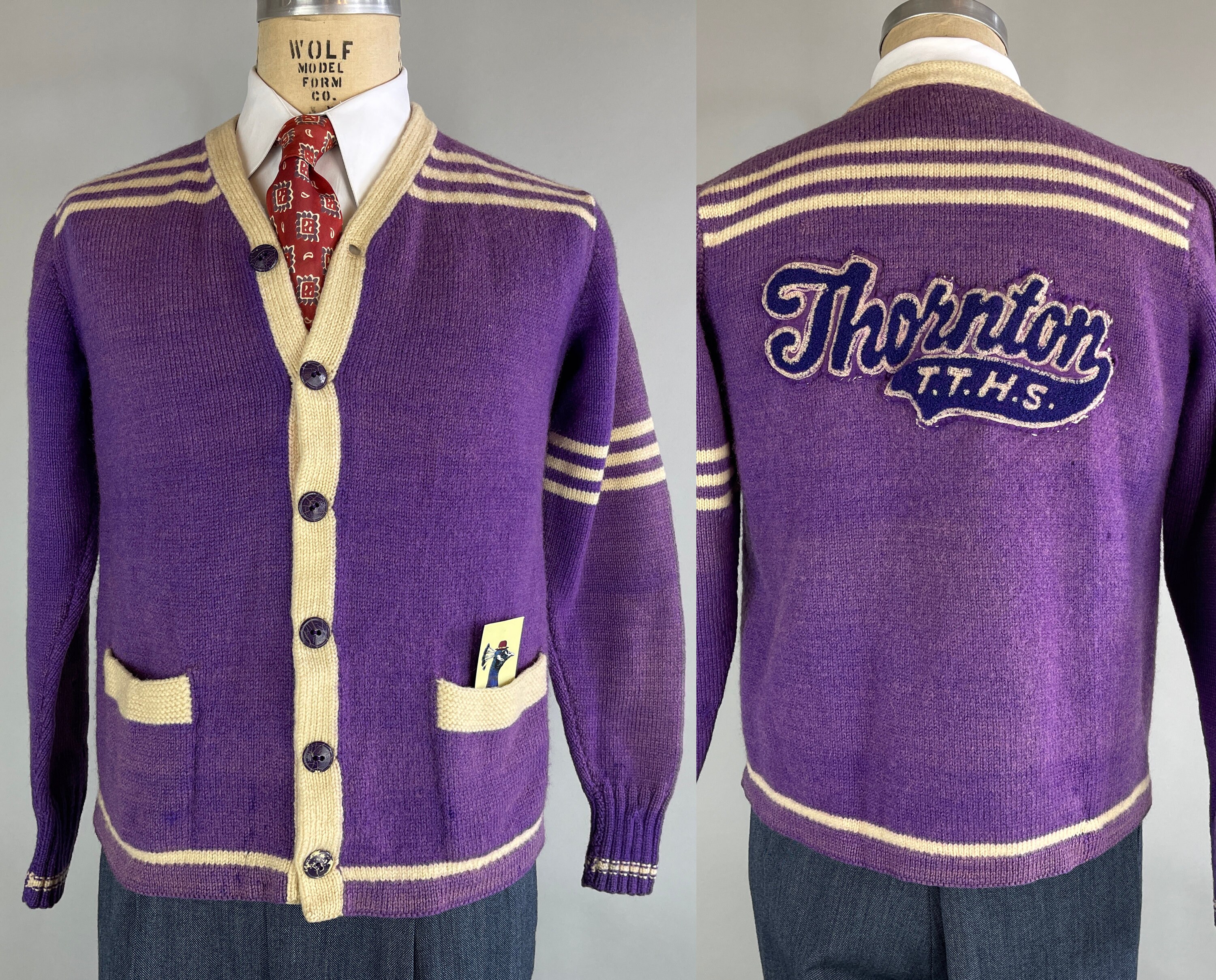 1940s Varsity Vincent Collegiate Cardigan Vintage 40s Purple and