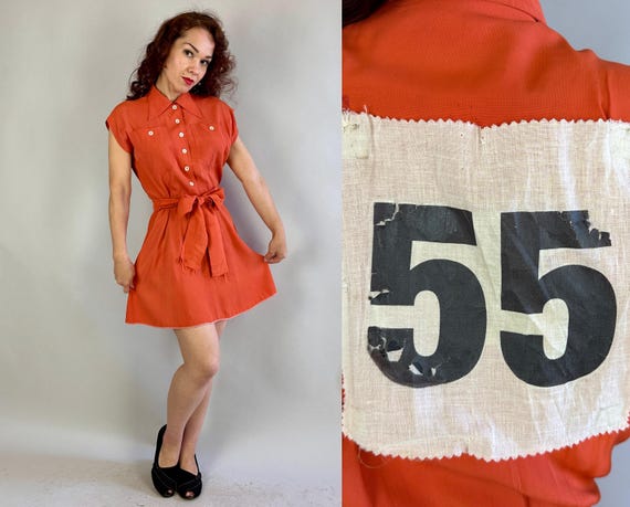 1950s Ready Set GO! Drag Strip Dress | Vintage 50s Orange Rayon Motorcycle Car Club Team Sports Player Playsuit w/"55" Racing Patch | Medium