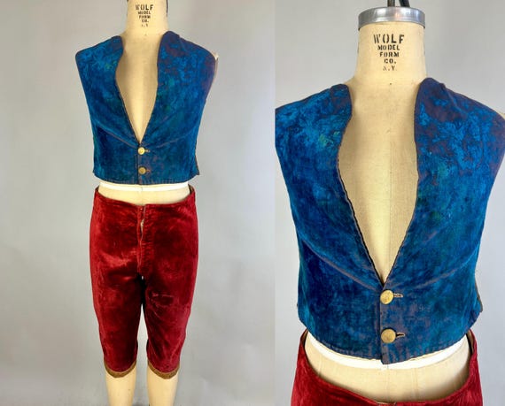 1900s Arabian Nights Vest &  Trousers Set | Vintage Antique Aladdin Velveteen Costume of Blue Waistcoat and Red Knickers | Medium Large