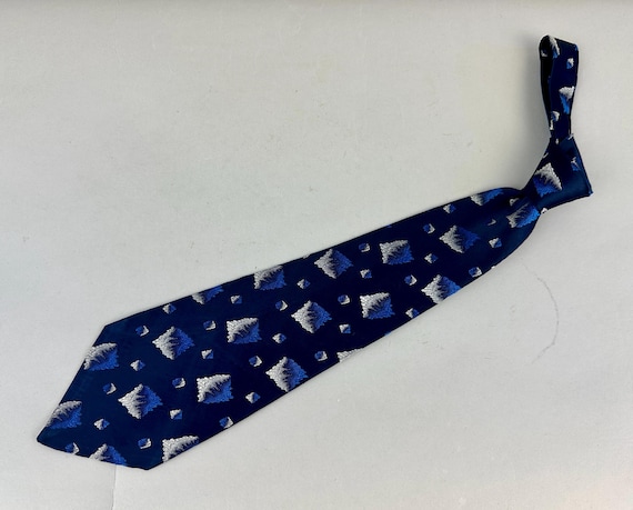 1930s On The Rocks Necktie | Vintage 30s Blue and Silver Silk Brocade Self Tie Cravat with Ice Cube Pattern