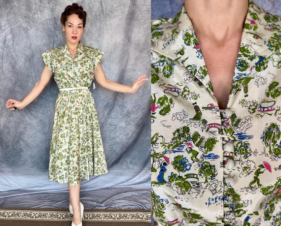 1940s Picturesque Park Dress | Vintage 40s Deadstock Pearl White Pink Blue & Green Rayon Novelty Print Frock w/Japanese Theme | Medium
